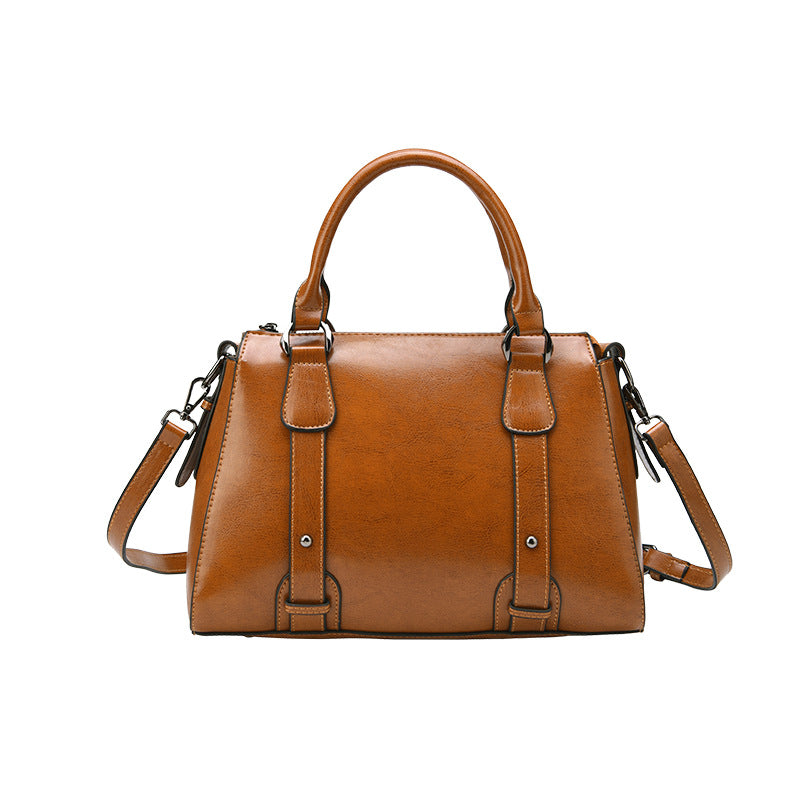 F06-【Genuine leather】 Boston women's bag large capacity classic solid color shoulder crossbody bag multi-compartment handbag