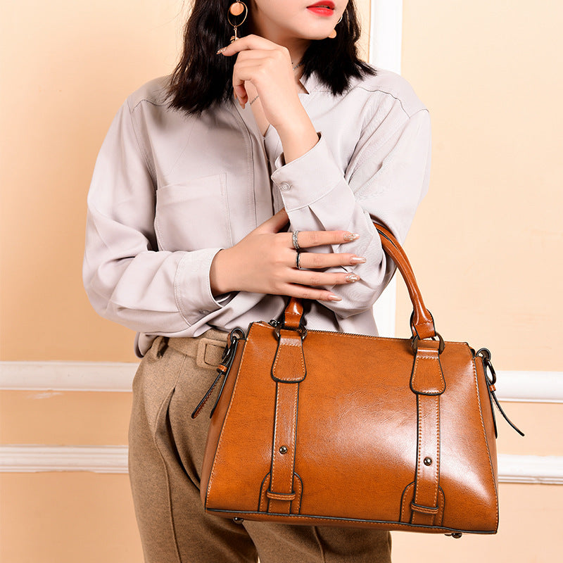 F06-【Genuine leather】 Boston women's bag large capacity classic solid color shoulder crossbody bag multi-compartment handbag
