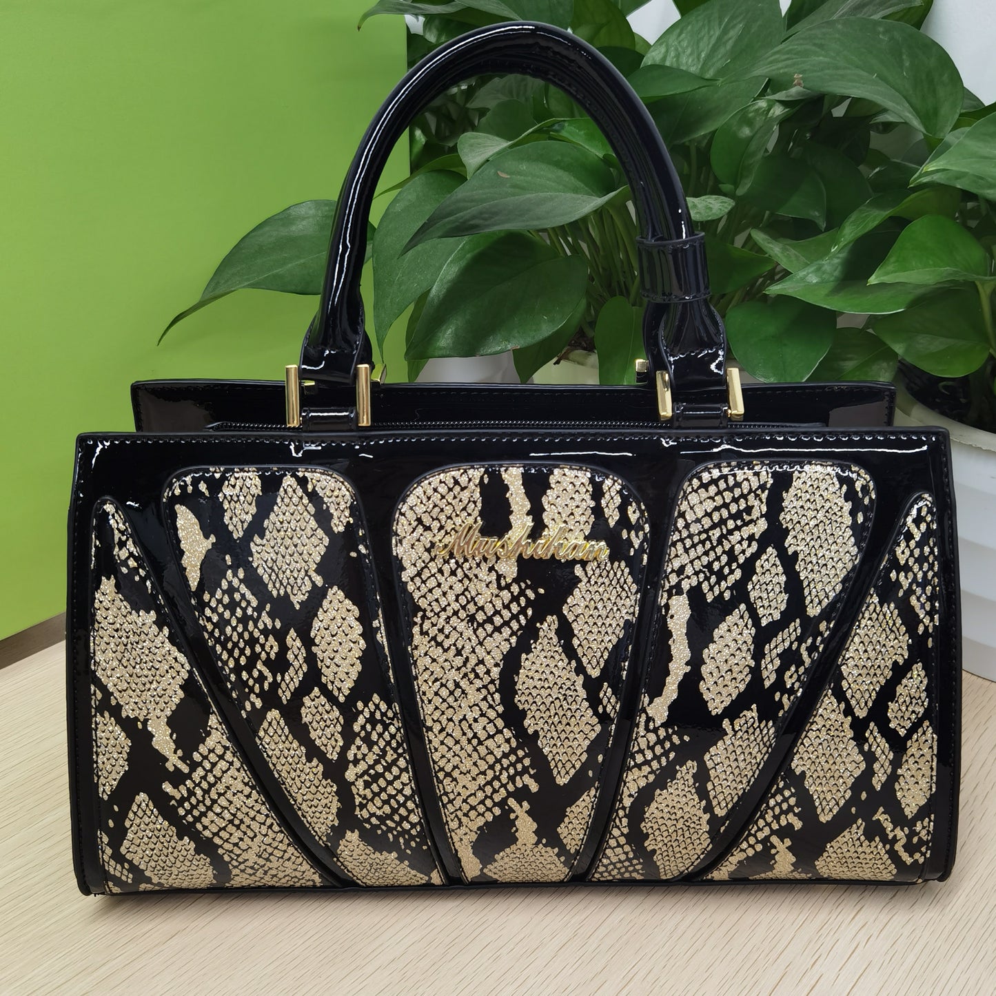 D61-Ladies large capacity snake print leopard print handbag contrast color mom bag glossy patent leather noble shoulder crossbody bag