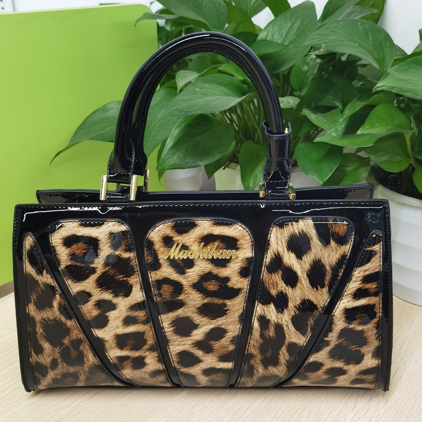 D61-Ladies large capacity snake print leopard print handbag contrast color mom bag glossy patent leather noble shoulder crossbody bag