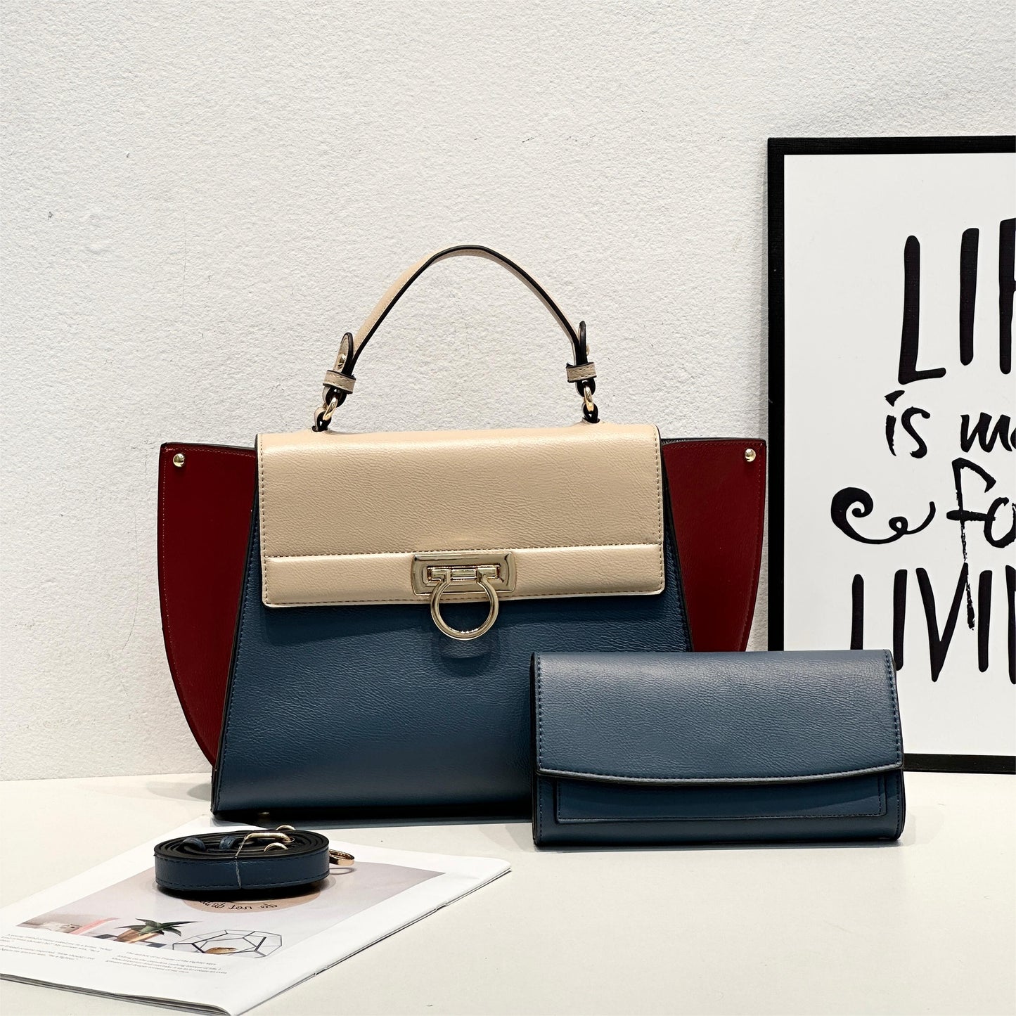 E105-New style women's large capacity color block tote bag with wallet handbag