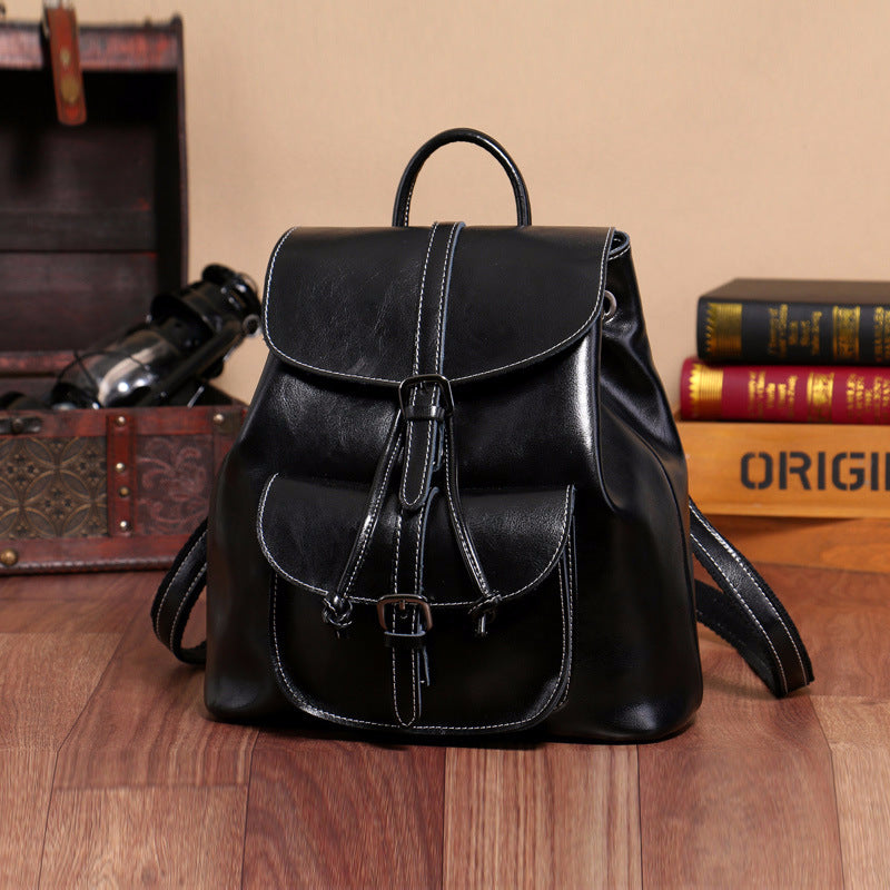 F11-【Genuine leather】New oil-waxed cowhide pocket backpack with drawstring flap and bucket multifunctional genuine leather backpack