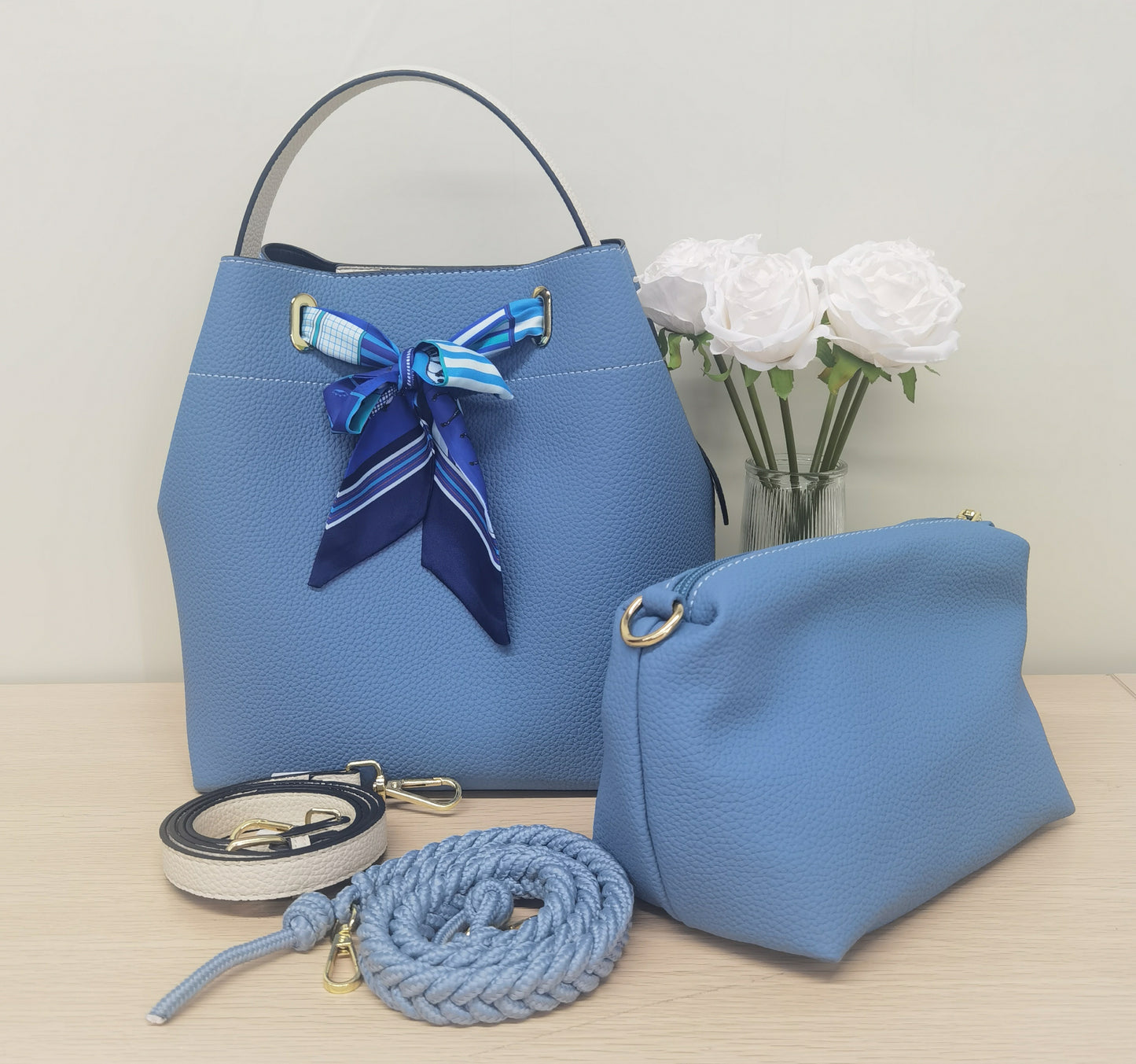 E06-Women's Large Capacity Silk Scarf Bucket Bag Crossbody Shoulder Bag
