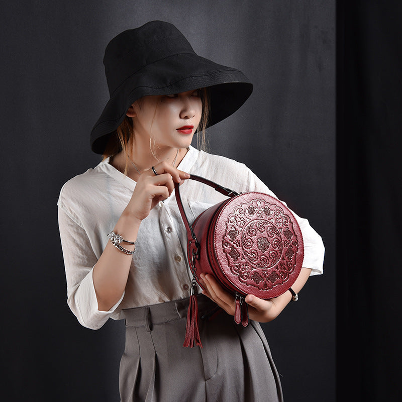 F05-【Genuine Leather】Ladies Special Retro Style Crossbody Bag Round Bag Engraved Pattern Handbag