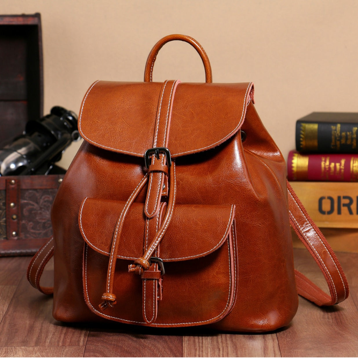 F11-【Genuine leather】New oil-waxed cowhide pocket backpack with drawstring flap and bucket multifunctional genuine leather backpack