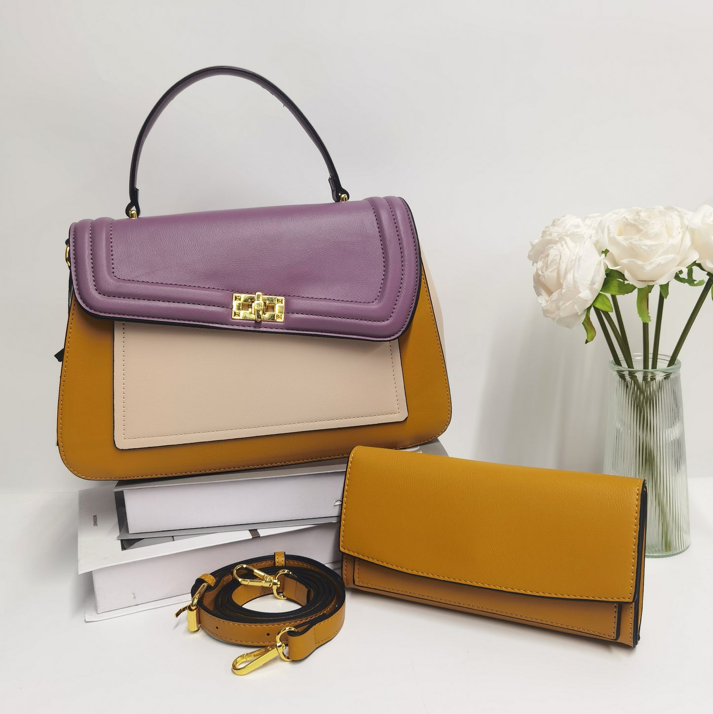 E134-New Women's Colorblock Handbag Large Capacity Crossbody Bag Multi-compartment Tote Bag with Wallet