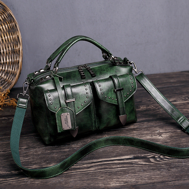 D39-Women's 2024 new large-capacity retro wax handbag shoulder crossbody messenger bag