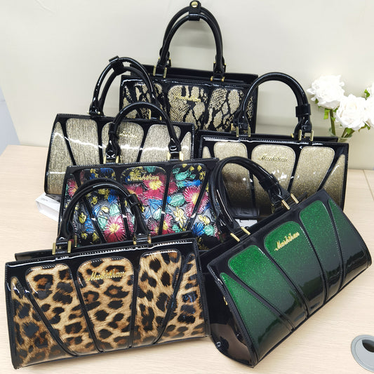D61-Ladies large capacity snake print leopard print handbag contrast color mom bag glossy patent leather noble shoulder crossbody bag
