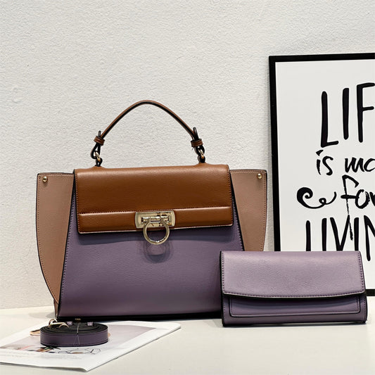 E105-New style women's large capacity color block tote bag with wallet handbag