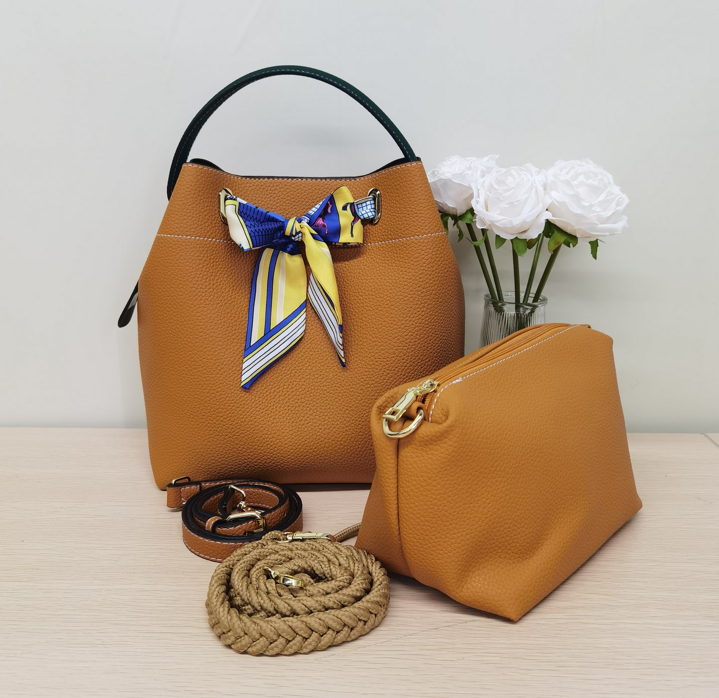 E06-Women's Large Capacity Silk Scarf Bucket Bag Crossbody Shoulder Bag