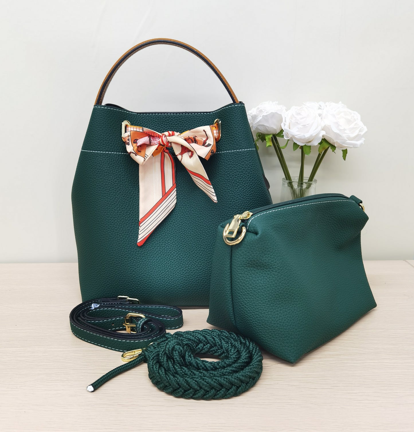 E06-Women's Large Capacity Silk Scarf Bucket Bag Crossbody Shoulder Bag
