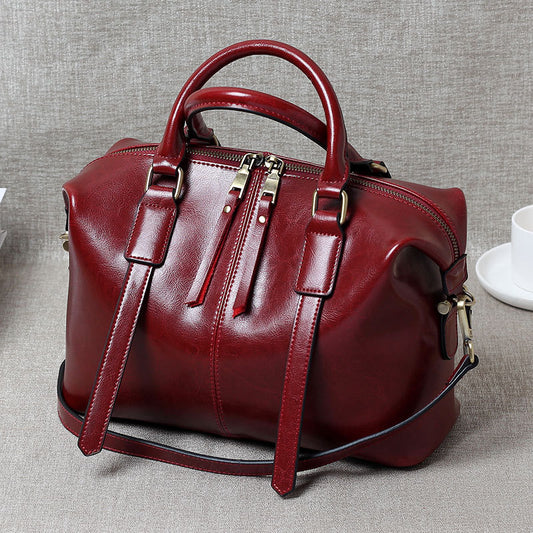 F13-【Genuine Leather】2024 New Women's Retro Hand-held Oil Wax Cowhide Women's Bag Boston Bag Single Shoulder Messenger Bag Large Bag