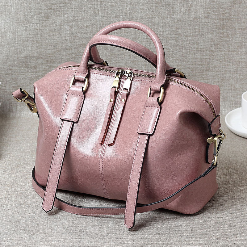F13-【Genuine Leather】2024 New Women's Retro Hand-held Oil Wax Cowhide Women's Bag Boston Bag Single Shoulder Messenger Bag Large Bag