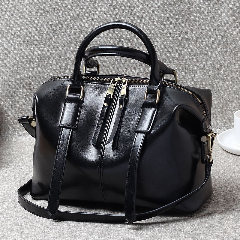 F13-【Genuine Leather】2024 New Women's Retro Hand-held Oil Wax Cowhide Women's Bag Boston Bag Single Shoulder Messenger Bag Large Bag