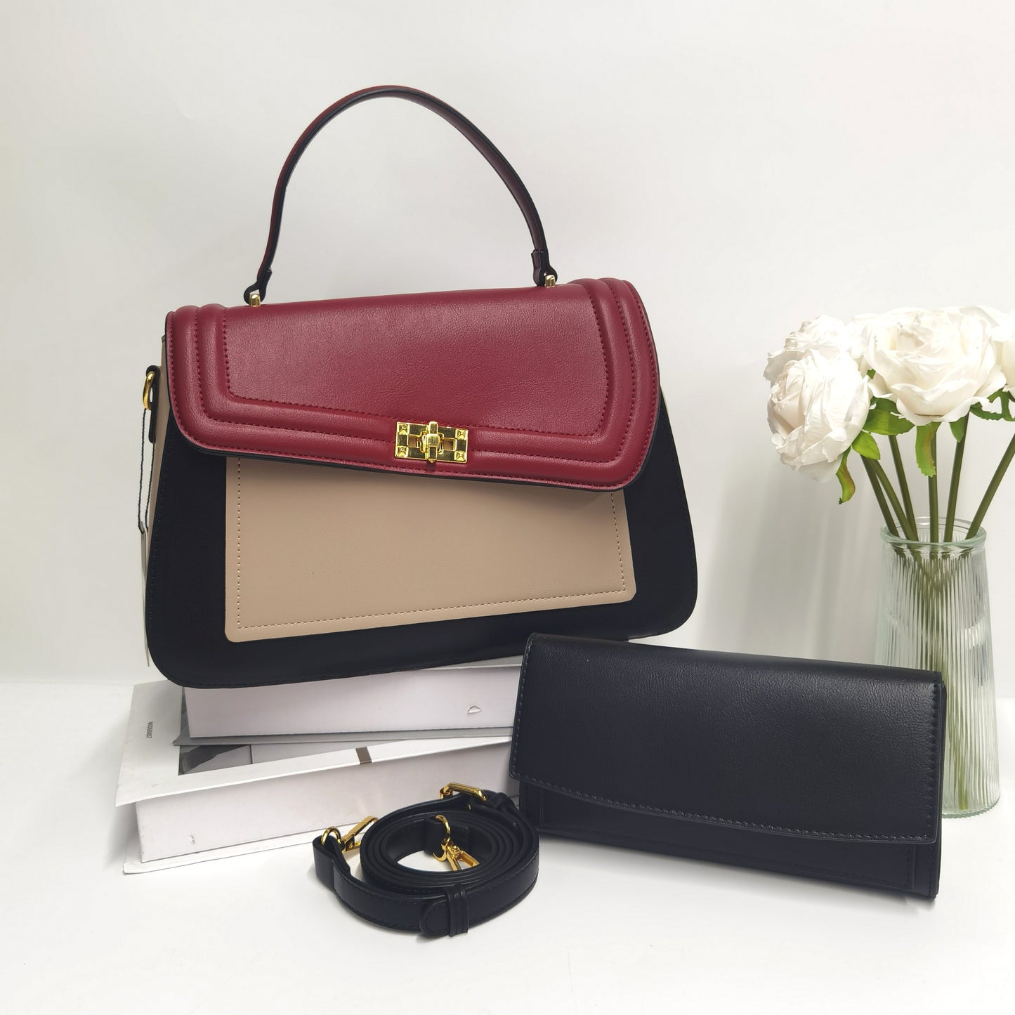 E134-New Women's Colorblock Handbag Large Capacity Crossbody Bag Multi-compartment Tote Bag with Wallet