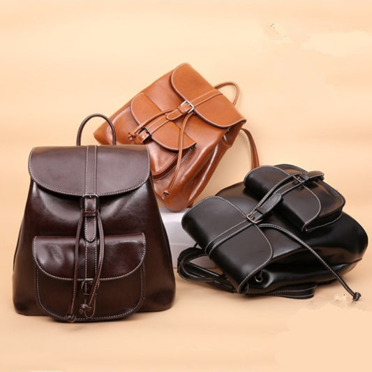 F11-【Genuine leather】New oil-waxed cowhide pocket backpack with drawstring flap and bucket multifunctional genuine leather backpack