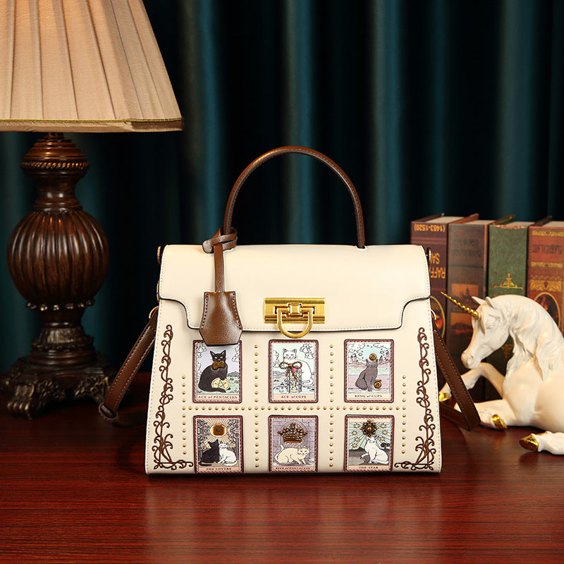 D48-Women’s special cat tarot card graffiti versatile hand-held crossbody bag