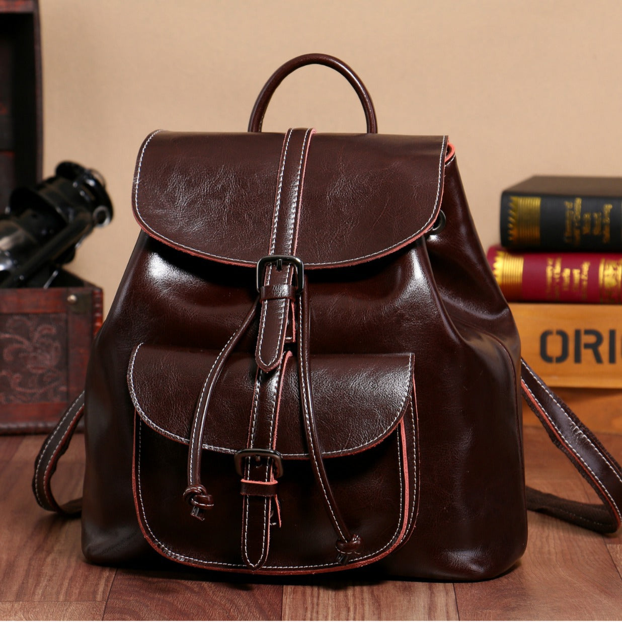 F11-【Genuine leather】New oil-waxed cowhide pocket backpack with drawstring flap and bucket multifunctional genuine leather backpack