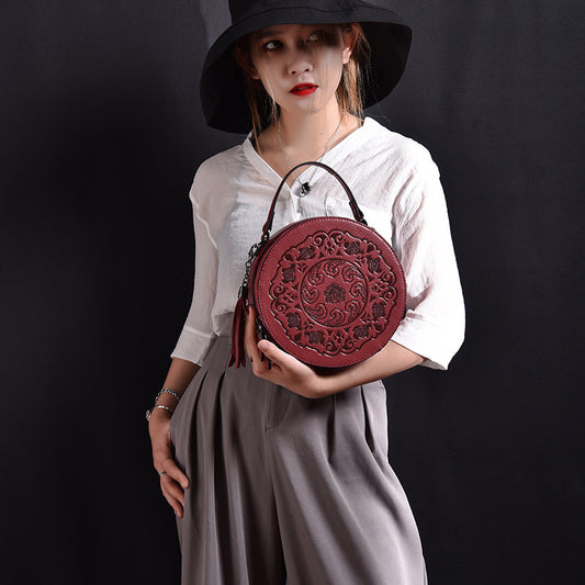 F05-【Genuine Leather】Ladies Special Retro Style Crossbody Bag Round Bag Engraved Pattern Handbag