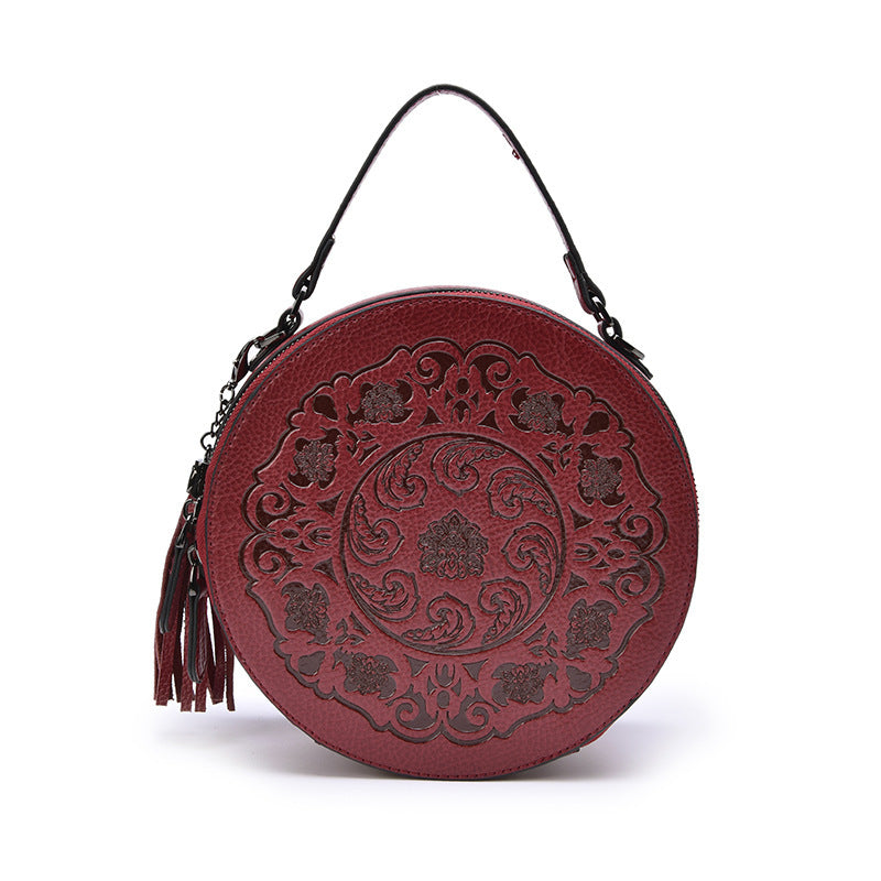 F05-【Genuine Leather】Ladies Special Retro Style Crossbody Bag Round Bag Engraved Pattern Handbag
