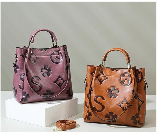 F08-Women's Large Capacity Retro Handbag Simple Pattern One Shoulder Crossbody Tote Bag Bucket Bag